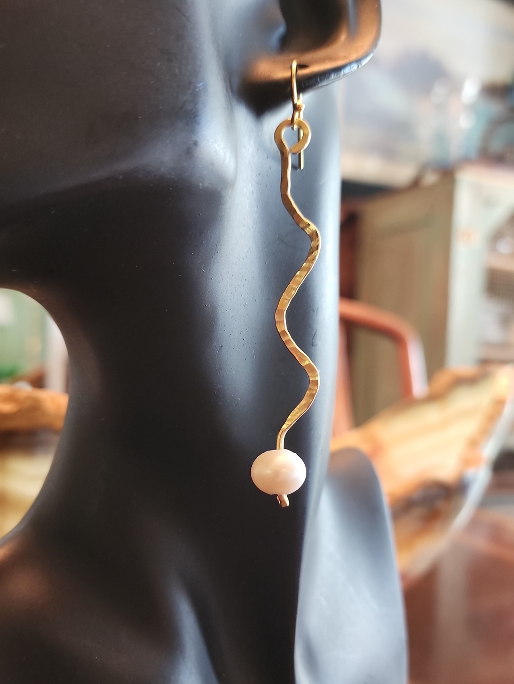 Handmade Hand Hammered Brass  Wavy Drop Earrings with Freshwater Cultured  Pearl